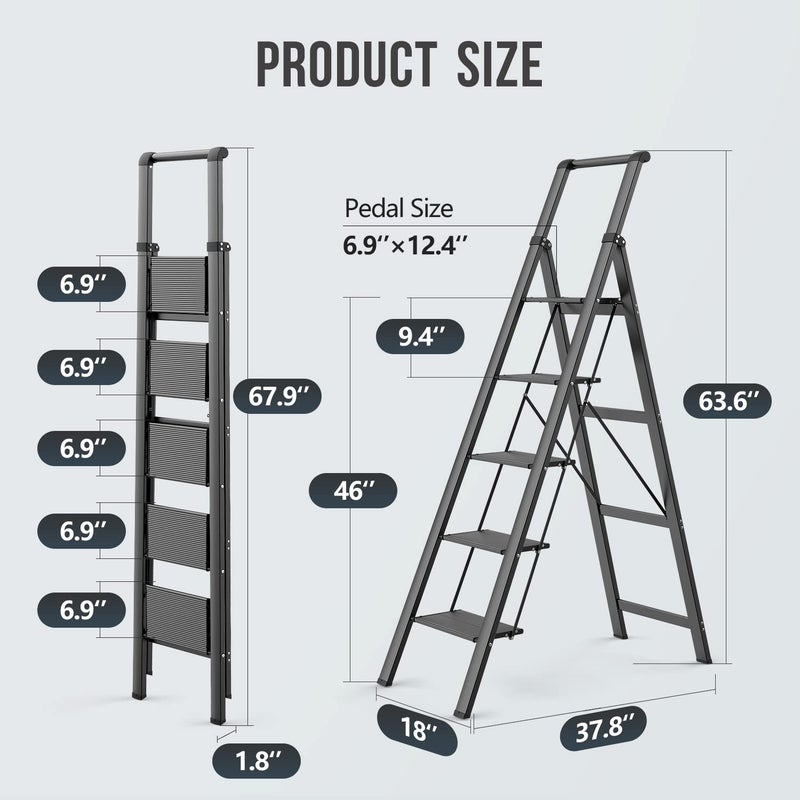 WOA WOA 5 Step Ladder, Ladders for Home, Anti-Slip Pedals, Step Stool Foldable, Lightweight to Move, Ease of Storage, Reach 10ft for Closet Kitchen Library, Hold 300lbs - Black - Image 3
