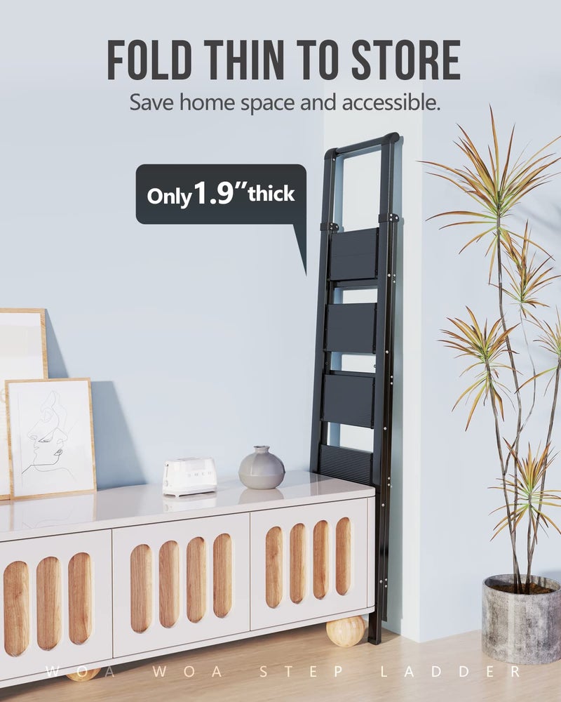 WOA WOA 5 Step Ladder, Ladders for Home, Anti-Slip Pedals, Step Stool Foldable, Lightweight to Move, Ease of Storage, Reach 10ft for Closet Kitchen Library, Hold 300lbs - Black - Image 4