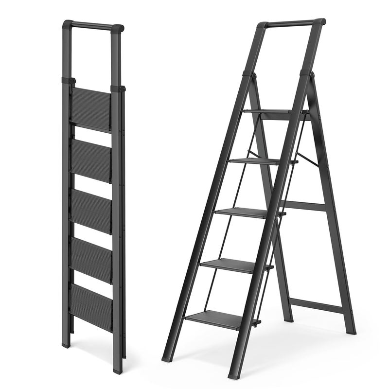 WOA WOA 5 Step Ladder, Ladders for Home, Anti-Slip Pedals, Step Stool Foldable, Lightweight to Move, Ease of Storage, Reach 10ft for Closet Kitchen Library, Hold 300lbs - Black - Image 1