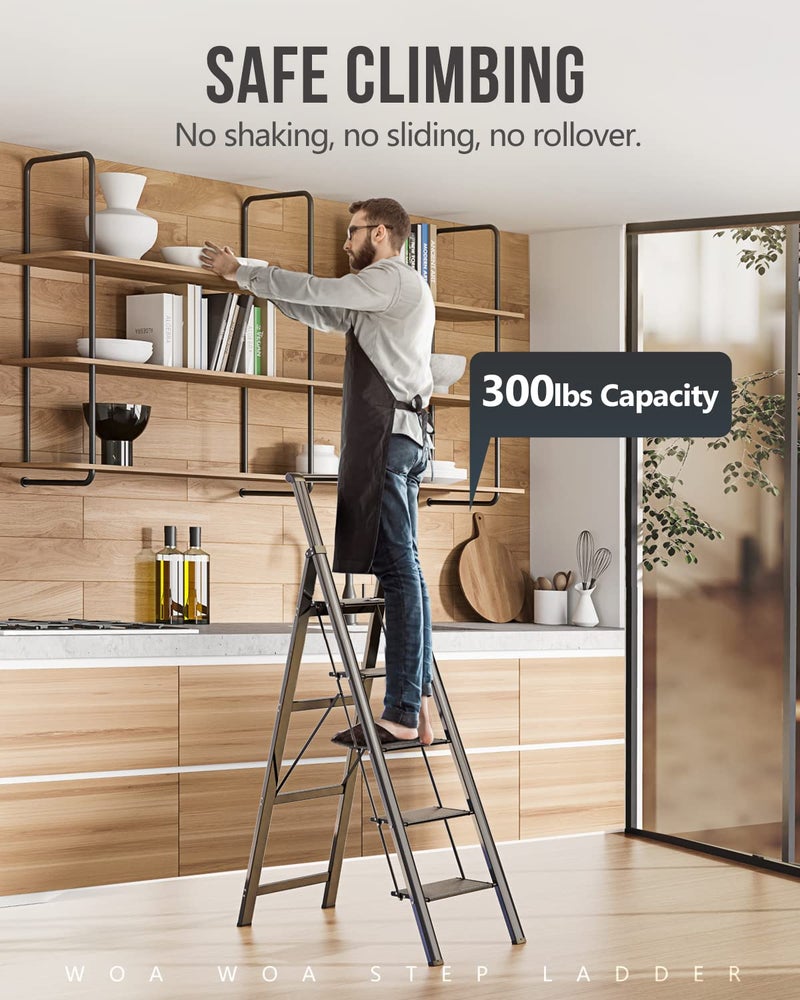 WOA WOA 5 Step Ladder, Ladders for Home, Anti-Slip Pedals, Step Stool Foldable, Lightweight to Move, Ease of Storage, Reach 10ft for Closet Kitchen Library, Hold 300lbs - Black - Image 2