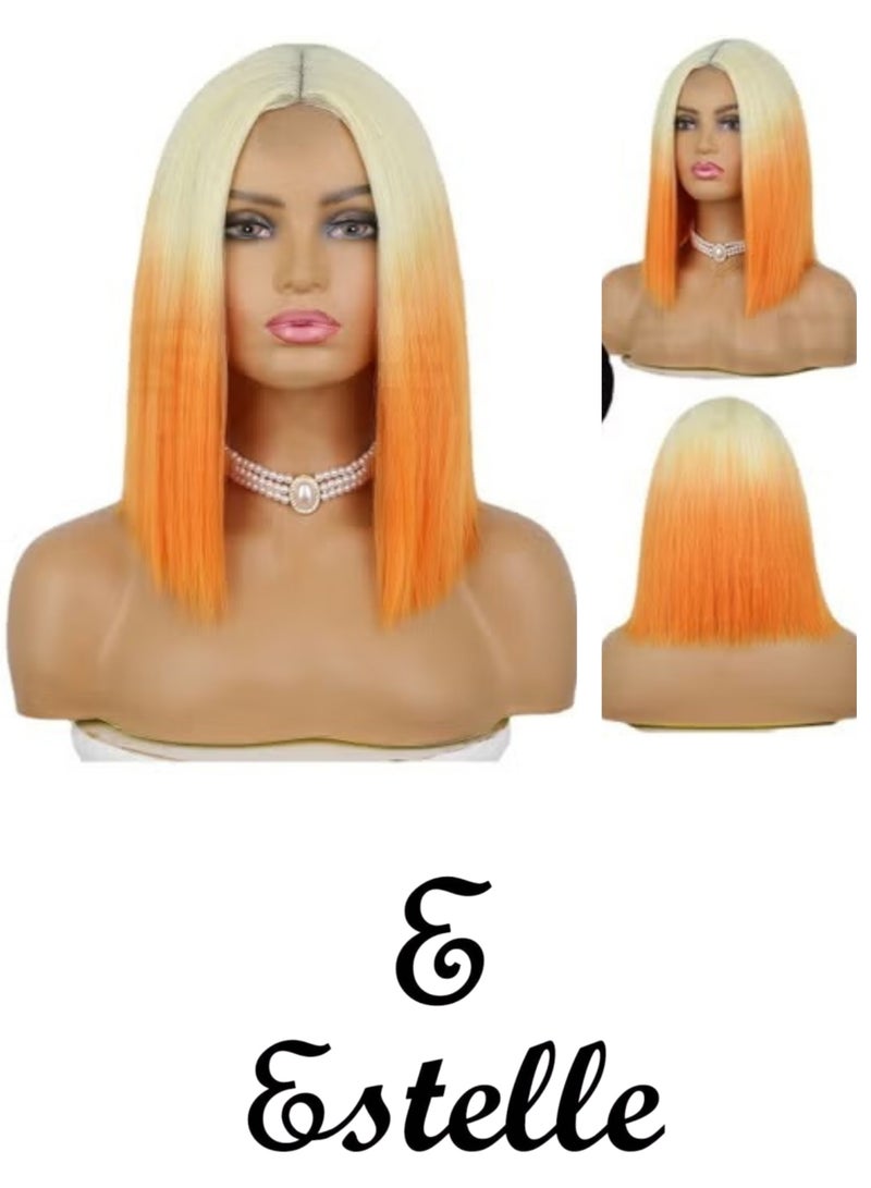 إستيل شعر مستعار أوروبي وأمريكي برتقالي متدرج قصير مستقيم شعر بوب في منتصف بدلة رأس دانتيل تتظاهر باروكة شعر مستعار برتقالي - Image 1