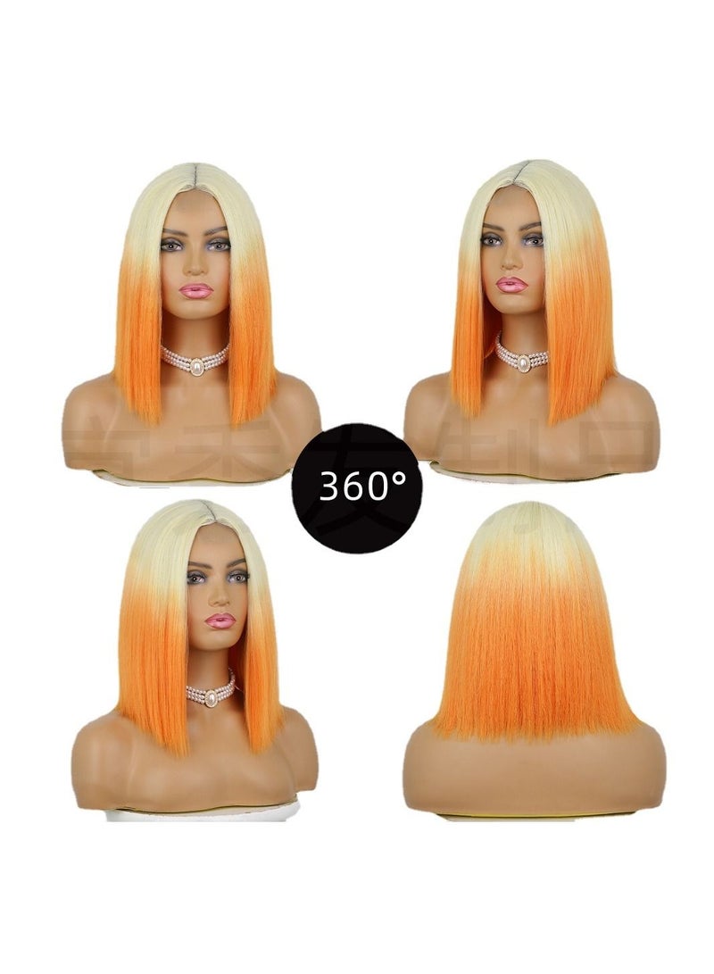 إستيل شعر مستعار أوروبي وأمريكي برتقالي متدرج قصير مستقيم شعر بوب في منتصف بدلة رأس دانتيل تتظاهر باروكة شعر مستعار برتقالي - Image 2