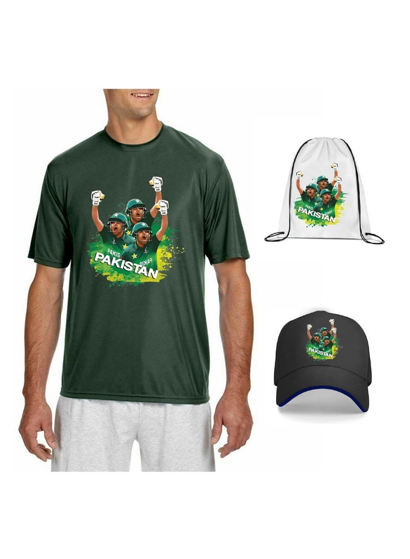 Pakistan Unisex Sports Green Jersey - T-shirt, Drawstring Bag, Cap, and Scarf - Perfect for Pakistan Cricket Fans and Cricket Lovers  - Image 1