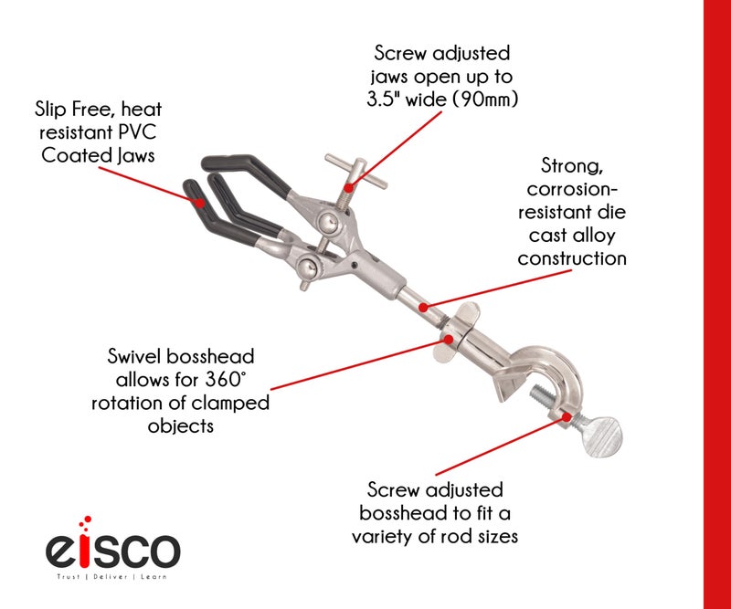 Eisco Lab Clamp for Lab Stand, Beaker Holder or Flask Clamp - Heat Resistant PVC Coated Prongs for Holding Objects up to 3.5 Inch Diameter - Boss Head Connects to Lab Stand Rods - Image 4
