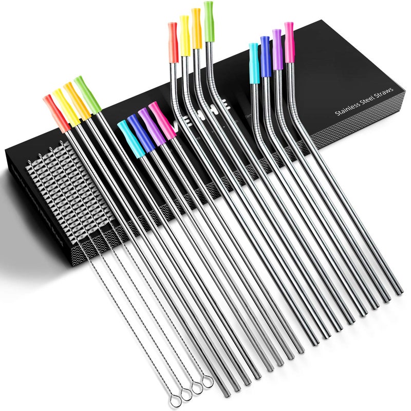 VEHHE Reusable Metal Stainless Steel Straws 16Piece Set of Metal Straws with Silicone Tips with Pouch  Long Drinking Straws with 4 Cleaning Brushes for Beverage Cups Gift Case Included