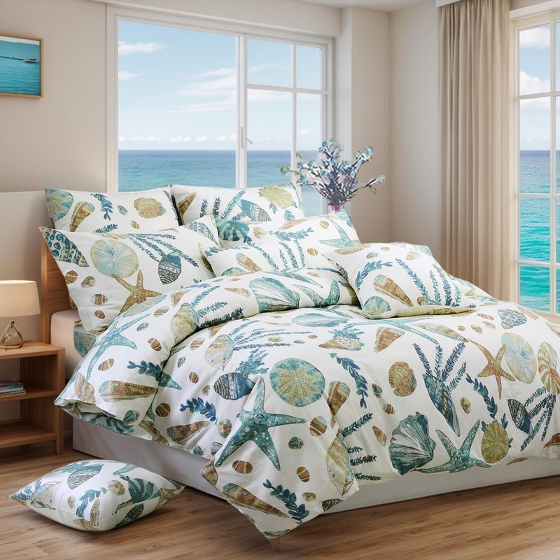 FADFAY Duvet Cover Set Twin Beach Themed Bedding Sets 100 Cotton Super Soft Coastal Bedding White Teal Seashells and Starfish Nautical Bedding with Hidden Zipper Closure 3 Pieces Twin Size
