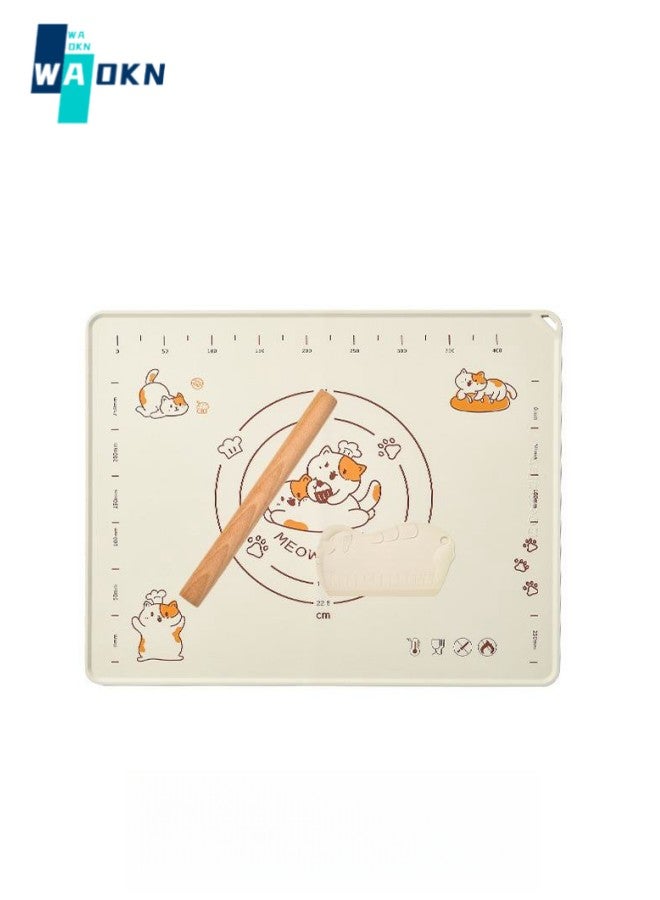 WAOKN 3-piece Silicone Baking Mat and Pastry Tool Set, Extra Thick Non-stick Non-slip Silicone Pastry Mat for Baking, with 1 Piece Wooden Rolling Pin and 1 Piece Spatula  - Image 1