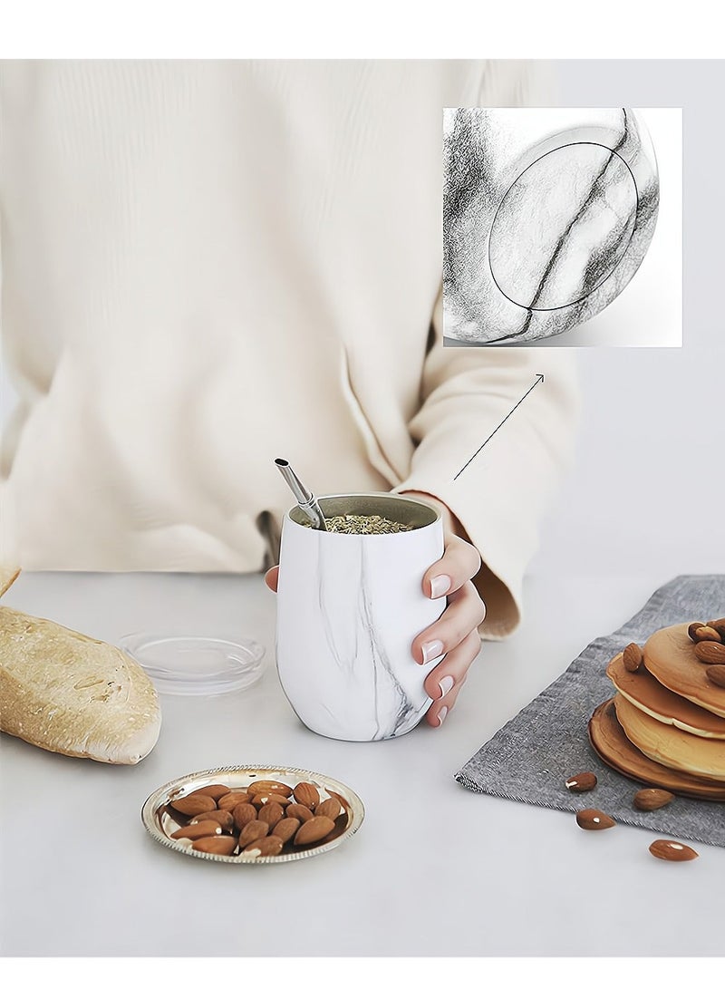 شو وو Yerba Mate Tea Cup And Bombilla Straw Set 12oz Double-wall Stainless Coffee Water Natural Gourd Kit For Loose Leaf Drinking - Image 2