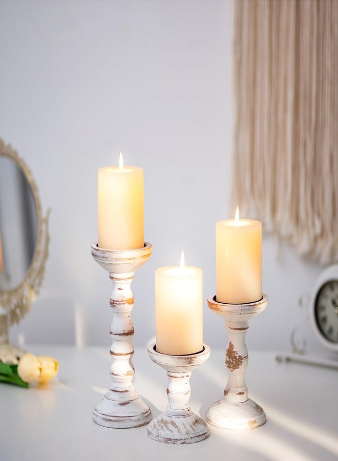 Romadedi Wood Candle Holders for Pillar Candles - Set of 3 Tall Farmhouse Wooden Candlestick Holder, Rustic Candle Stand for Fireplace Mantle Shelf Table Home Decor, Brown Whitewashed 3.9"/6"/ 8.3" - Image 4