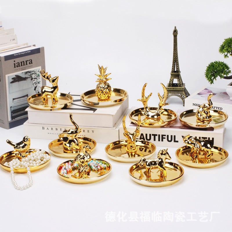 Nordic Electroplated Gold Ceramic Crafts Gift Jewelry Disc Ring Watch Home Storage Plate Gold Deer Animal Ornaments - Image 2