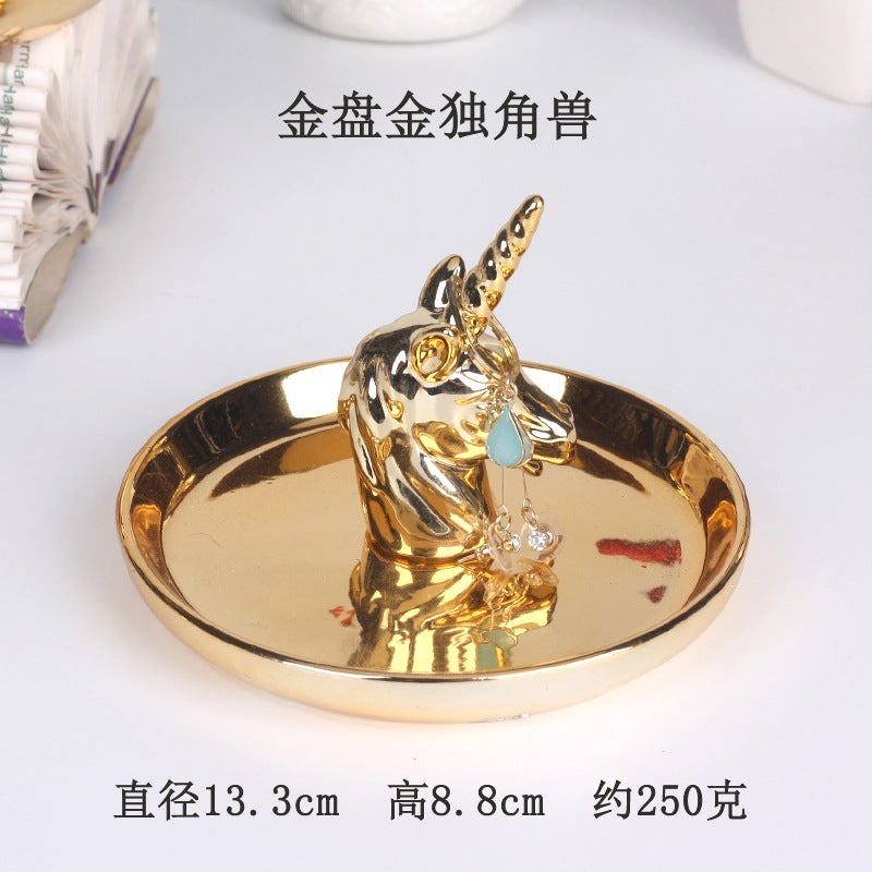 Nordic Electroplated Gold Ceramic Crafts Gift Jewelry Disc Ring Watch Home Storage Plate Gold Deer Animal Ornaments - Image 1