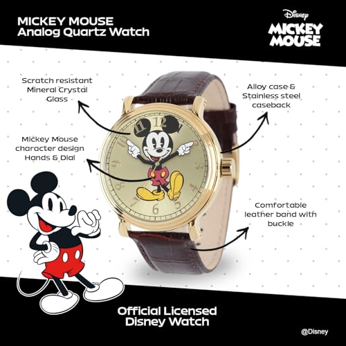 Disney Mickey Mouse Articulating Hands Watch for Men Classic Mickey Watches for Men Perfect Inspired Timepiece Him Stylish Watch with White Dial Gold Case Black Leather Strap - Image 3