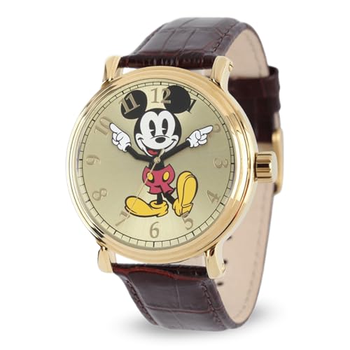 Disney Mickey Mouse Articulating Hands Watch for Men Classic Mickey Watches for Men Perfect Inspired Timepiece Him Stylish Watch with White Dial Gold Case Black Leather Strap - Image 1