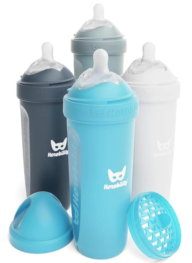 Herobility Double Anti-Colic Baby Bottles â€“ 12 fl oz/340ml â€“ 4-Pack â€“ Multicolor - White, Gray, Iron Blue, Blue - Image 1