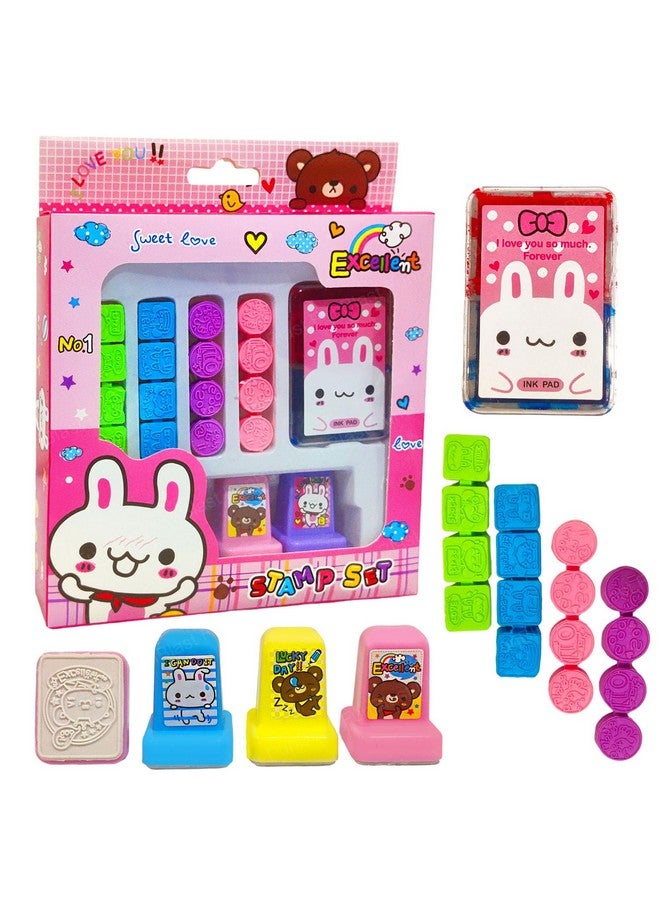 FunBlast Rabbit Theme Rubber Seal Stamp Kit - DIY Coloring & Stamping Set with 16 Small Stamp, 4 Big Stamp, 2 in 1 Ink Pad for Art and Carft, School Supplies, Educational Toys for Girls, Boys (Pink) - Image 1
