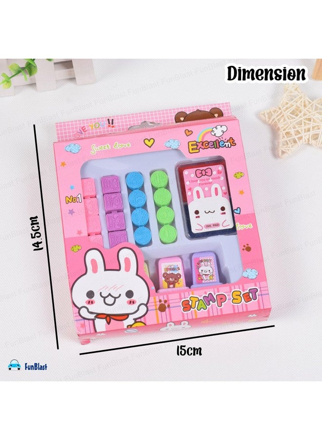 FunBlast Rabbit Theme Rubber Seal Stamp Kit - DIY Coloring & Stamping Set with 16 Small Stamp, 4 Big Stamp, 2 in 1 Ink Pad for Art and Carft, School Supplies, Educational Toys for Girls, Boys (Pink) - Image 2