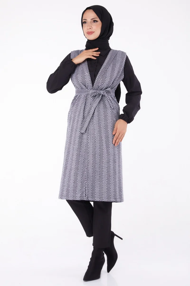 Tofisa Plain Medium Women's Gray Belted Vest - 13311