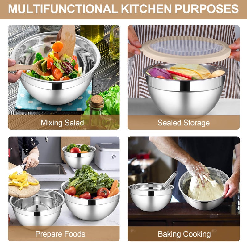 LIANYU 6 PCS Large Mixing Bowls with Visible Lids Set, Size 7, 3.5, 2.5, 2, 1.5, 1QT, Stainless Steel Kitchen Metal Nesting Bowls for Cooking, Baking, Serving, Freezer & Dishwasher Safe, Khaki - Image 5