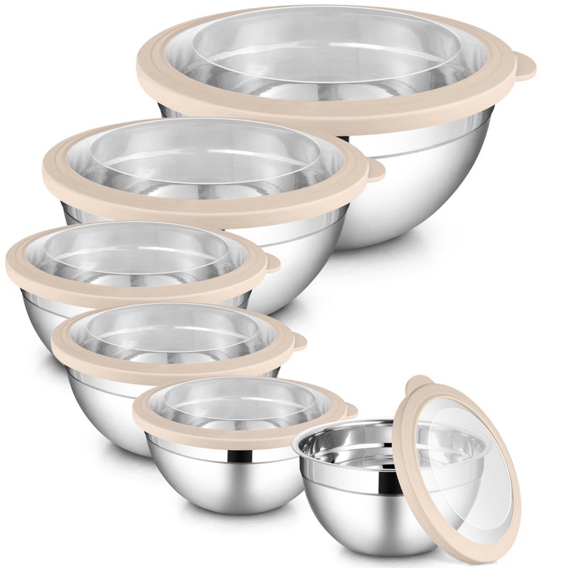 LIANYU 6 PCS Large Mixing Bowls with Visible Lids Set, Size 7, 3.5, 2.5, 2, 1.5, 1QT, Stainless Steel Kitchen Metal Nesting Bowls for Cooking, Baking, Serving, Freezer & Dishwasher Safe, Khaki - Image 1