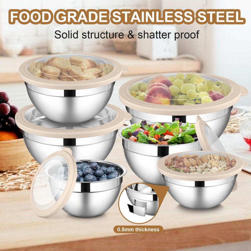 LIANYU 6 PCS Large Mixing Bowls with Visible Lids Set, Size 7, 3.5, 2.5, 2, 1.5, 1QT, Stainless Steel Kitchen Metal Nesting Bowls for Cooking, Baking, Serving, Freezer & Dishwasher Safe, Khaki - Image 3