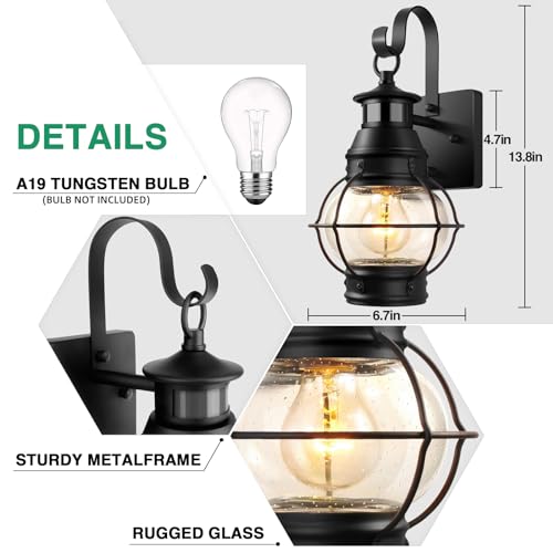 Lamomo Outdoor Wall Light, Motion Sensor Porch Lights Outdoor Wall Light Fixture,Black Dusk to Dawn Exterior Lighting for House Waterproof Anti-Rust Wall Mount Lantern for Outside,Garage(NO Bulb) - Image 4