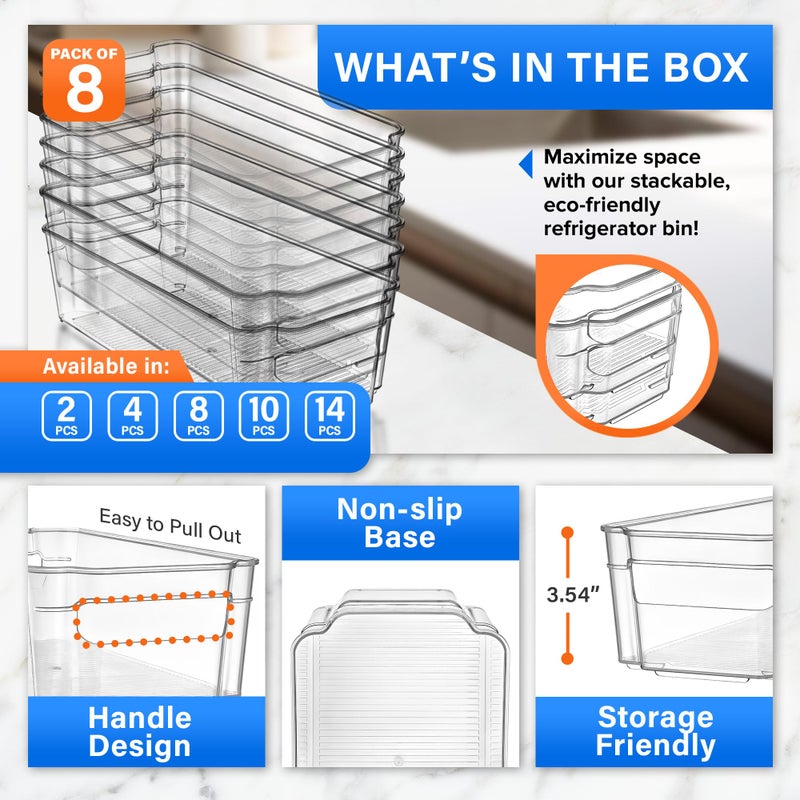 Lifemaster Multi-Purpose Refrigerator Bins - 8 Pieces Usable And Stackable Design Fridge Bin Organizer With Easy Grip Handles - Clear - Image 3
