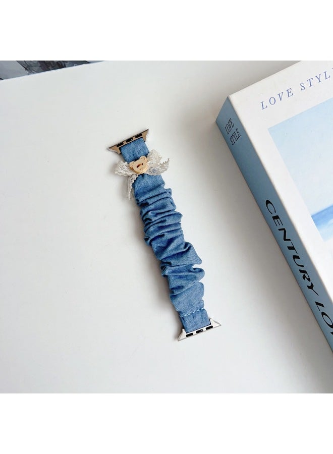 Suitable For Apple WatchS10/9/8/7/6/5 Radium Bow Bear Baby Elastic Denim Hair Band-Color:44/45/46/49mm Light Blue  - Image 1