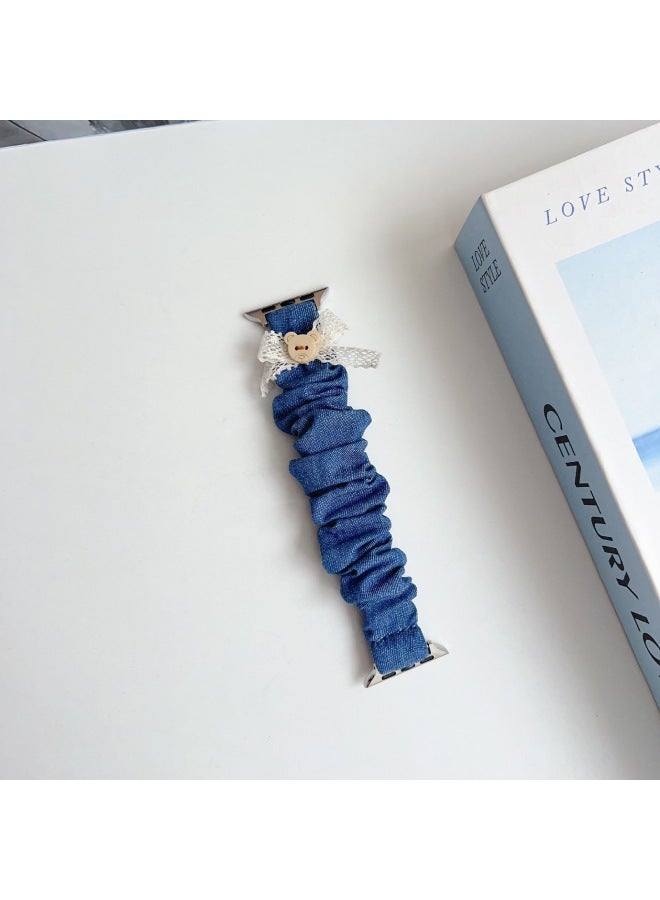 Suitable For Apple WatchS10/9/8/7/6/5 Radium Bow Bear Baby Elastic Denim Hair Band-Color:44/45/46/49mm Light Blue  - Image 4