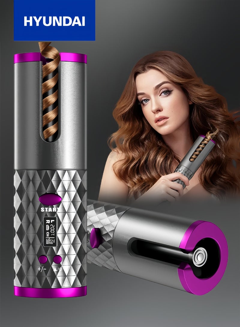 HYUNDAI Mini Travel Wireless Hair Curler, Portable Automatic Curling Iron, Compact & Cordless with 3000mAh Battery, Anti-Scald Safe for Beginners, Creates Long-Lasting Beach Waves & Tight Curls, USB C Rechargeable Styling Tool for On-the-Go - Image 1