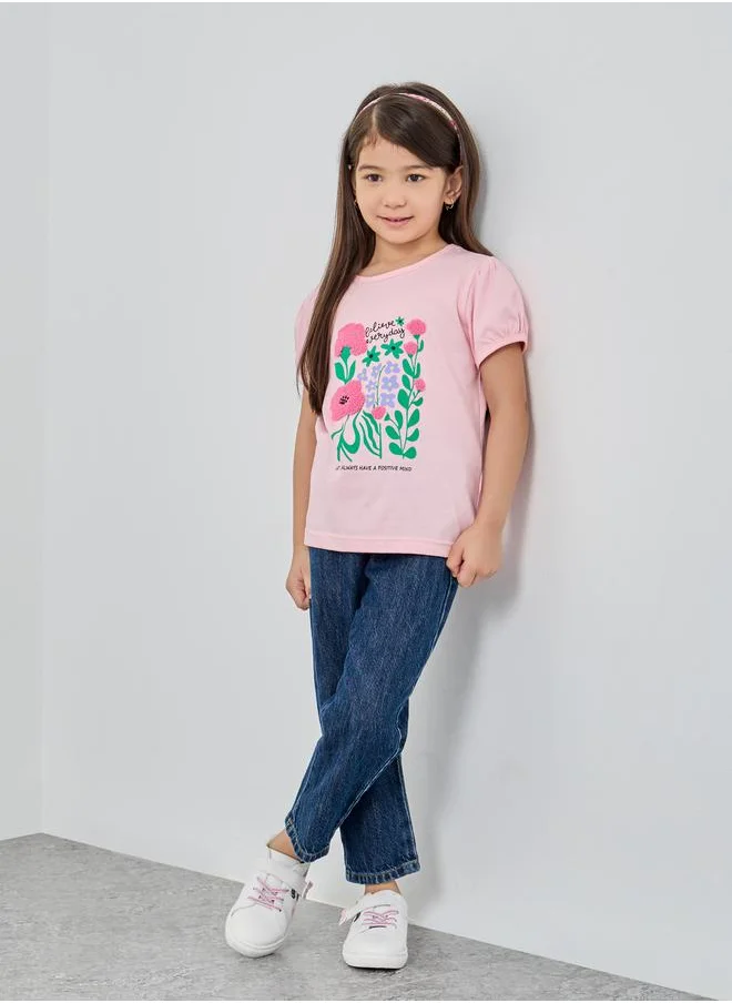 ستايلي Styli Embroidered Graphic Print Puff Sleeve T-Shirt