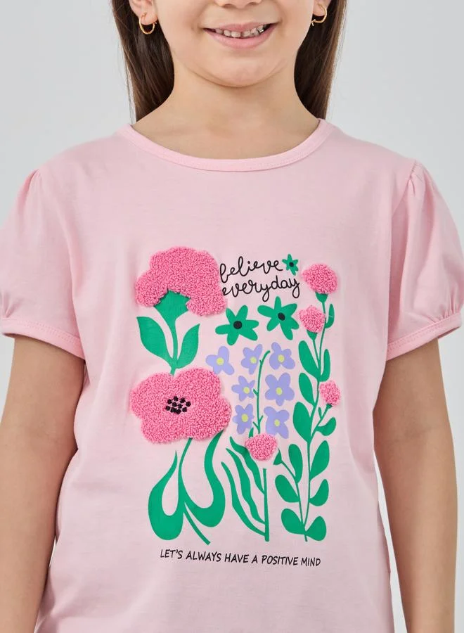 Styli Styli Embroidered Graphic Print Puff Sleeve T-Shirt