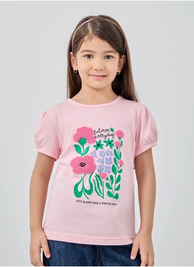 ستايلي Styli Embroidered Graphic Print Puff Sleeve T-Shirt