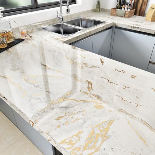 Wallderful Glossy Marble Contact Paper for Countertop Kitchen Beige Gold Marble Wallpaper Modern Vinyl Wall Paper for Bathroom Waterproof 15.75"x78" Stick on Wallpaper Cabinet Wrap Desk Backsplash - Image 1