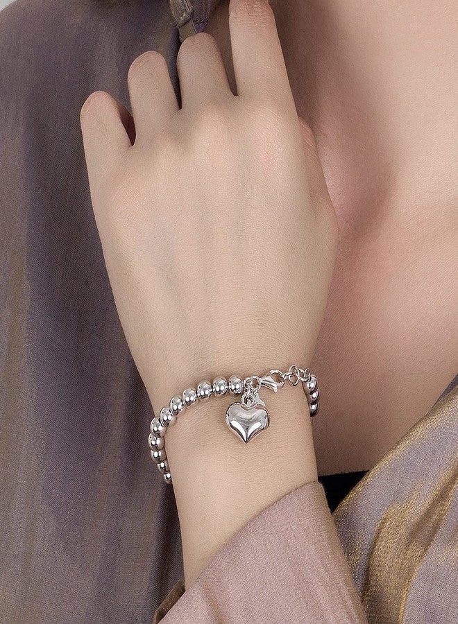 Dankadi Women 925 Sterling Silver Round Bead Bracelet Minimalist 4-6MM 13-21CM Bell and Heart Pendant Prayer Beads Link Chain Bracelet Men Charm Jewelry Gift (6MM Heart Silver, 18CM) - Image 2