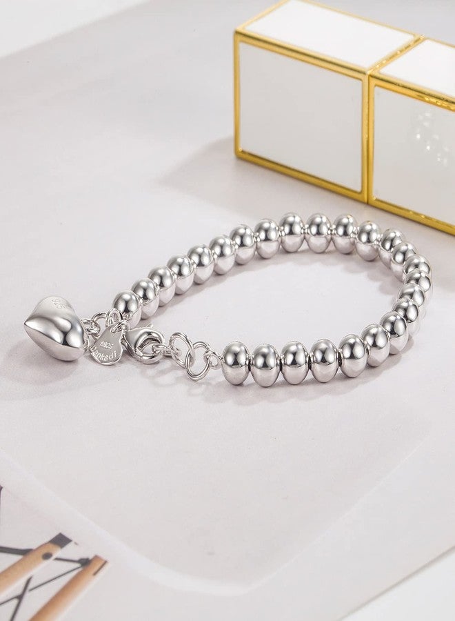 Dankadi Women 925 Sterling Silver Round Bead Bracelet Minimalist 4-6MM 13-21CM Bell and Heart Pendant Prayer Beads Link Chain Bracelet Men Charm Jewelry Gift (6MM Heart Silver, 18CM) - Image 4