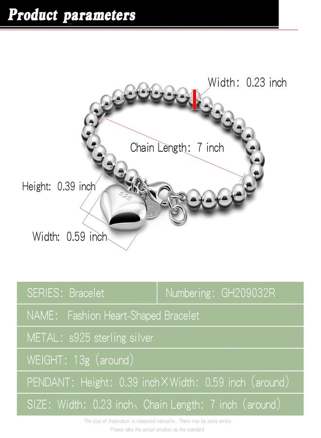 Dankadi Women 925 Sterling Silver Round Bead Bracelet Minimalist 4-6MM 13-21CM Bell and Heart Pendant Prayer Beads Link Chain Bracelet Men Charm Jewelry Gift (6MM Heart Silver, 18CM) - Image 3