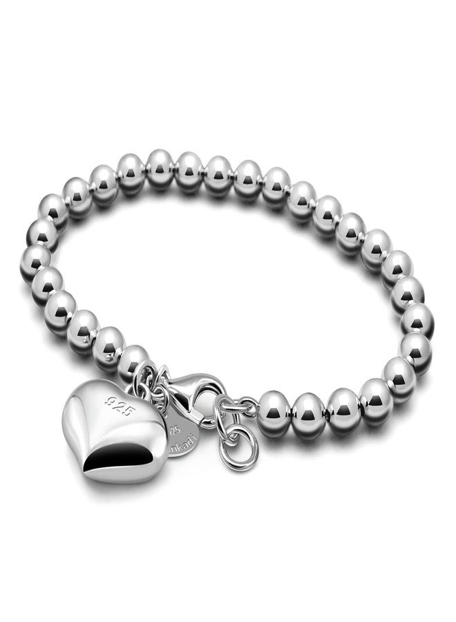 Dankadi Women 925 Sterling Silver Round Bead Bracelet Minimalist 4-6MM 13-21CM Bell and Heart Pendant Prayer Beads Link Chain Bracelet Men Charm Jewelry Gift (6MM Heart Silver, 18CM) - Image 1