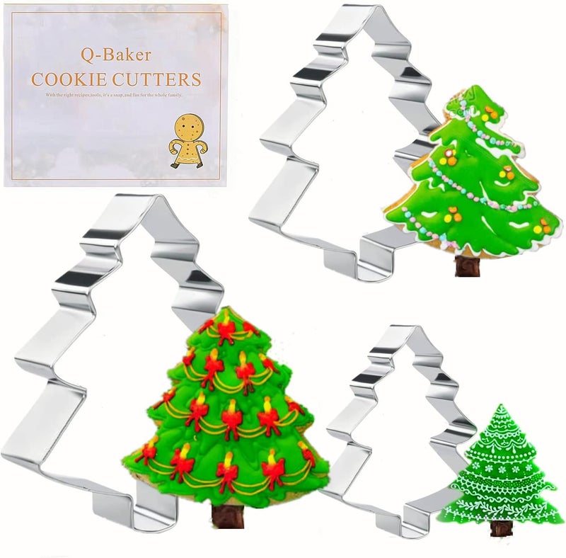 Q-BAKER Christmas Tree Cookie Cutter Set, 3 Pieces Xmas Tree Cookie Cutters with Recipe Booklet Biscuit Molds for Chirstmas Day Party Decorations DIY Gift Family Kids Baking Tools - Image 1