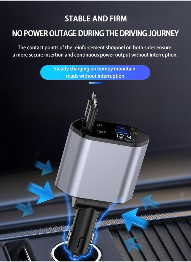 Generic - Car Charger - Fast Charging 4-in-1 Adapter with Collapsible Lightning & Type C Cables, Dual USB Ports & Voltage Display - Compatible with iPhone, iPad, Galaxy -Powerfull Output - Image 1