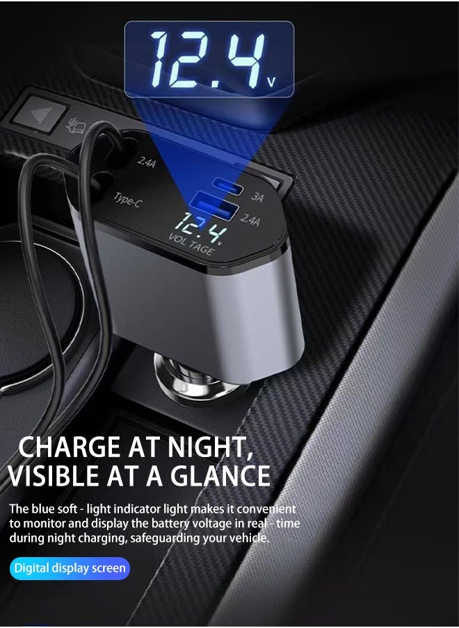Generic - Car Charger - Fast Charging 4-in-1 Adapter with Collapsible Lightning & Type C Cables, Dual USB Ports & Voltage Display - Compatible with iPhone, iPad, Galaxy -Powerfull Output - Image 1