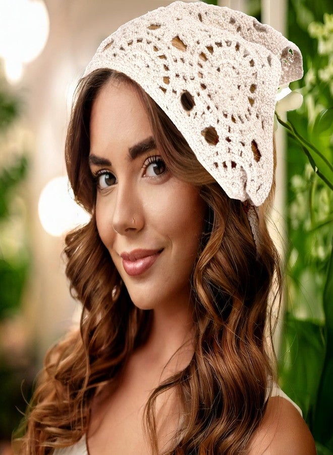 Kifmurase 3 Pcs Crochet Bandanas Headbands, Crochet Headband Knitted Triangle Head Hair Scarf, Vintage Knit Lace Floral Hollow Kerchief Hairband for Hair Styling Accessories Decor (Beige/Black/Gray) - Image 5