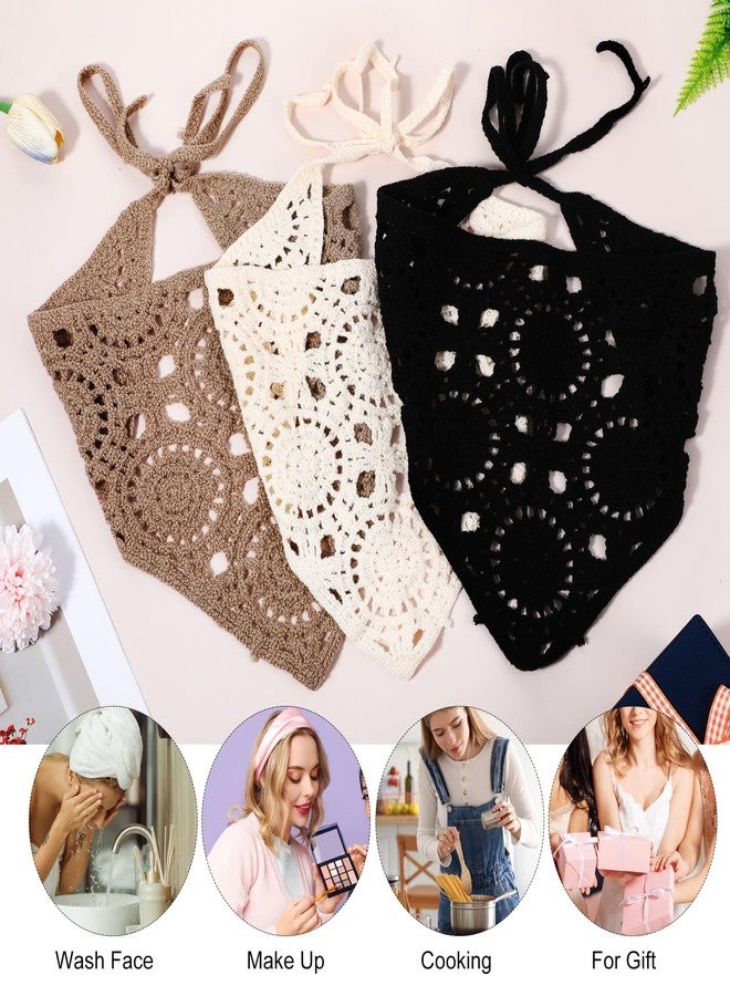Kifmurase 3 Pcs Crochet Bandanas Headbands, Crochet Headband Knitted Triangle Head Hair Scarf, Vintage Knit Lace Floral Hollow Kerchief Hairband for Hair Styling Accessories Decor (Beige/Black/Gray) - Image 4