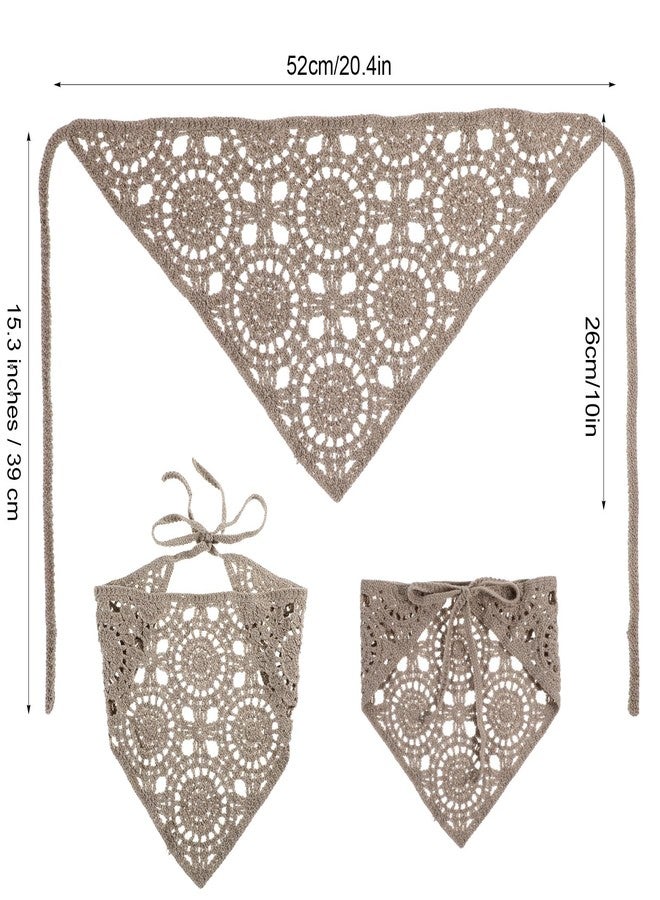 Kifmurase 3 Pcs Crochet Bandanas Headbands, Crochet Headband Knitted Triangle Head Hair Scarf, Vintage Knit Lace Floral Hollow Kerchief Hairband for Hair Styling Accessories Decor (Beige/Black/Gray) - Image 2