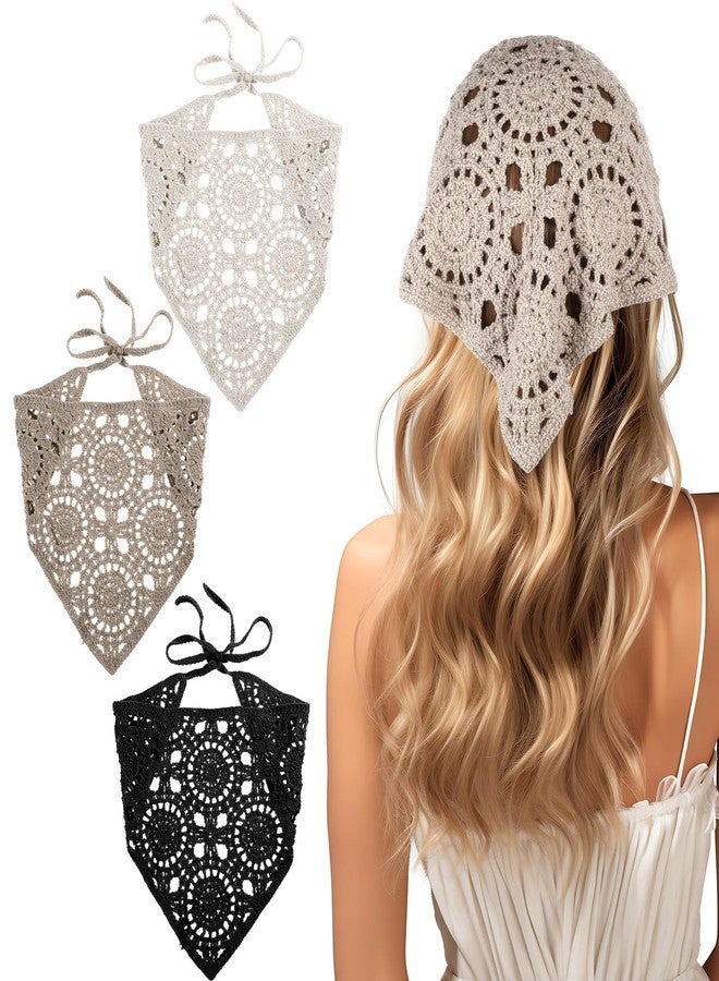 Kifmurase 3 Pcs Crochet Bandanas Headbands, Crochet Headband Knitted Triangle Head Hair Scarf, Vintage Knit Lace Floral Hollow Kerchief Hairband for Hair Styling Accessories Decor (Beige/Black/Gray) - Image 1