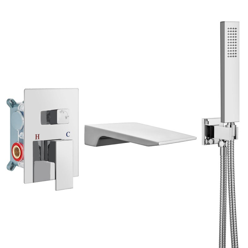 Airuida Wall Mount Tub Faucet with Waterfall Tub Spout Wall Mounted Bathtub Faucet with Handheld Shower Single Handle Tub Filler Shower Faucet Set with Roughin valve Straight Spout Chrome Polish