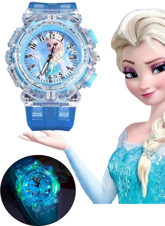 Frozen Elsa Cartoon Analog Quartz Watch for Kids Ages 5 to 12 Colorful Luminous Adjustable Wristwatch for Girls Casual Wear Party Favors Holiday Birthday Gifts Daily Play School Use，Blue - Image 1