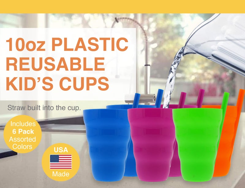 Arrow Home Products Sip A Cup with Built in Straw, 10oz, 6pk - BPA-free Straw Cups for Kids Great for Everyday Use - Made in the USA, Stackable Kids Straw Cups - Purple, Blue, Green, Orange - Image 2