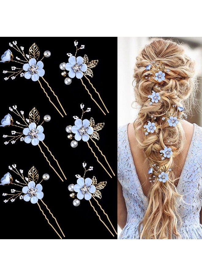LAPOHI 6 Pieces Bridal Flower Wedding Hair Pins Crystal Pearl Hair Pins Clips Headpiece Gold Wedding Hair Accessories Jewelry with Rhinestone for Brides Bridesmaids Women Girls Updo (Special Cream Blue) - Image 1