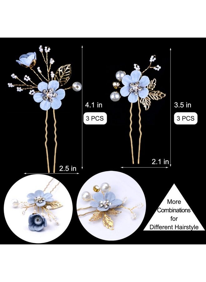 LAPOHI 6 Pieces Bridal Flower Wedding Hair Pins Crystal Pearl Hair Pins Clips Headpiece Gold Wedding Hair Accessories Jewelry with Rhinestone for Brides Bridesmaids Women Girls Updo (Special Cream Blue) - Image 3