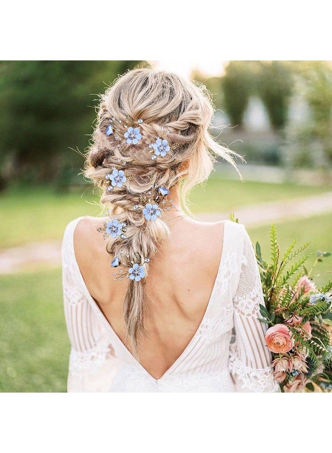 LAPOHI 6 Pieces Bridal Flower Wedding Hair Pins Crystal Pearl Hair Pins Clips Headpiece Gold Wedding Hair Accessories Jewelry with Rhinestone for Brides Bridesmaids Women Girls Updo (Special Cream Blue) - Image 2